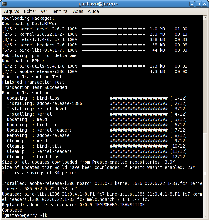 Yum-presto mostrando quanto se economizou no download de uma atualização no Fedora